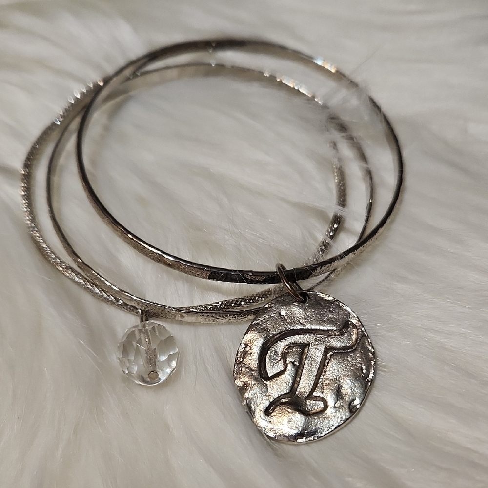 Elegant Silver Initial Pendant Bracelet Set Of 3 - Disk With Initial T